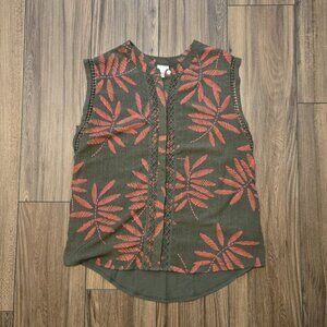 Olive Green Sleeveless Top with Red Leaf Pattern